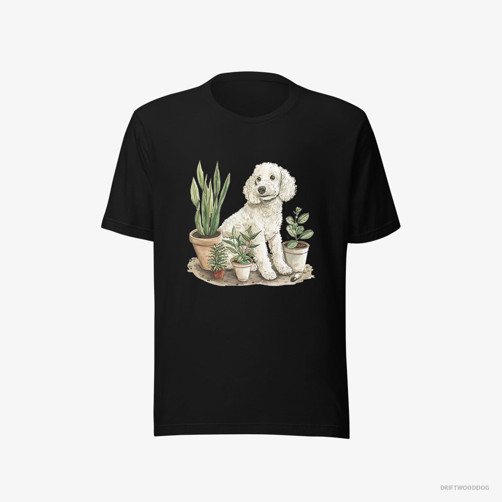 Poodle T-Shirt – Women Black T-Shirt Eco-Friendly – Among the Indoor Plants (on White Background)