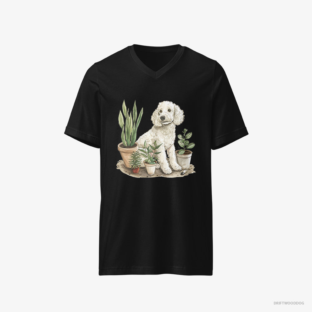 Poodle T-Shirt – Women Black T-Shirt V-Neck – Among the Indoor Plants (on White Background)