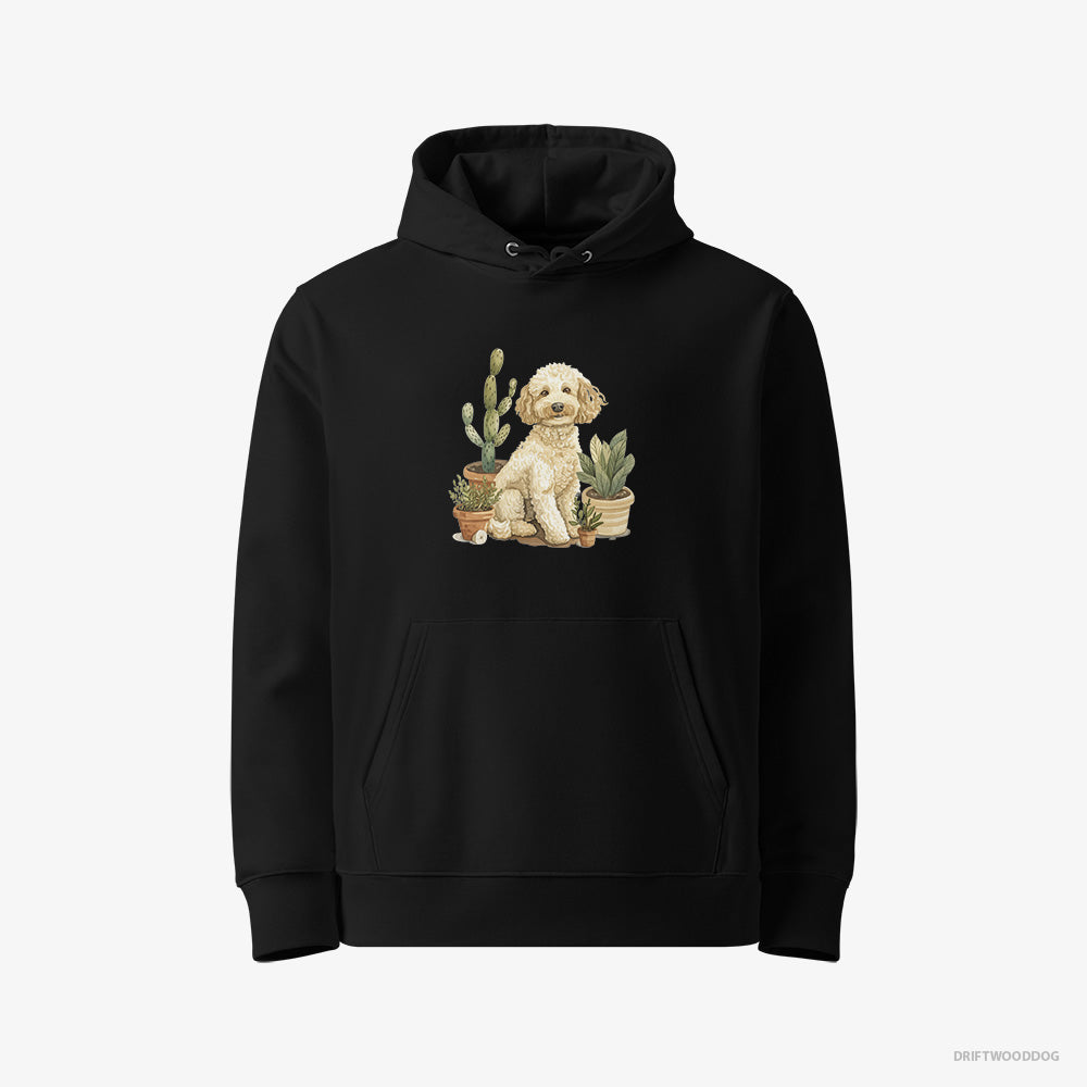 Poodle Hoodie – Women Black Hoodie Eco-Friendly – Relaxing Among Flowerpots (on White Background)