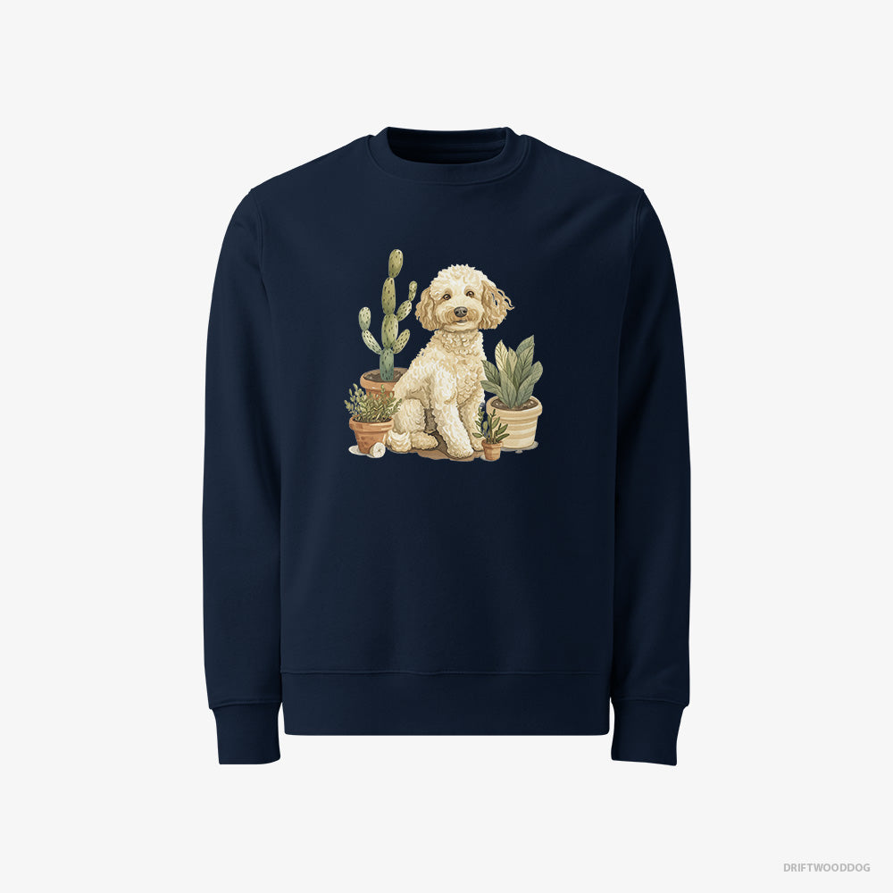 Poodle Sweatshirt – Men Navy Sweatshirt Classic – Relaxing Among Flowerpots (on White Background)