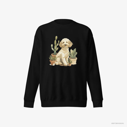 Poodle Sweatshirt – Men Black Sweatshirt Eco-Friendly – Relaxing Among Flowerpots (on White Background)