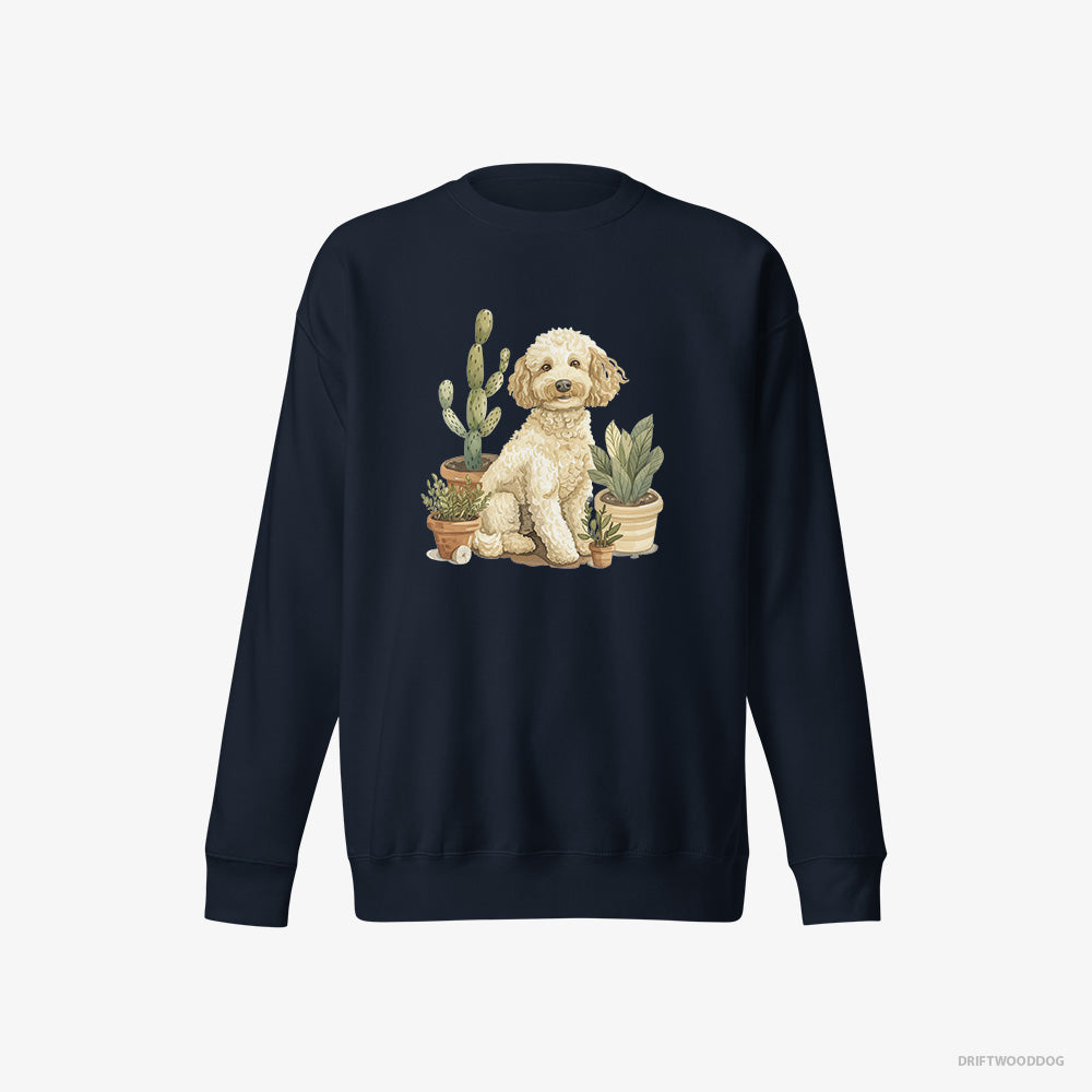 Poodle Sweatshirt – Men Navy Sweatshirt Eco-Friendly – Relaxing Among Flowerpots (on White Background)