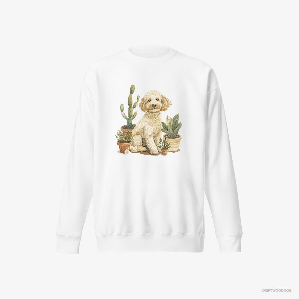 Poodle Sweatshirt – Men White Sweatshirt Eco-Friendly – Relaxing Among Flowerpots (on White Background)