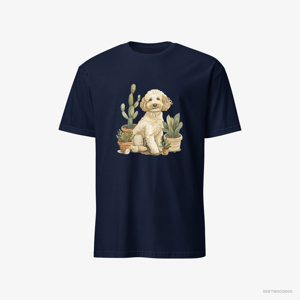 Poodle T-Shirt – Men Navy T-Shirt Classic – Relaxing Among Flowerpots (on White Background)