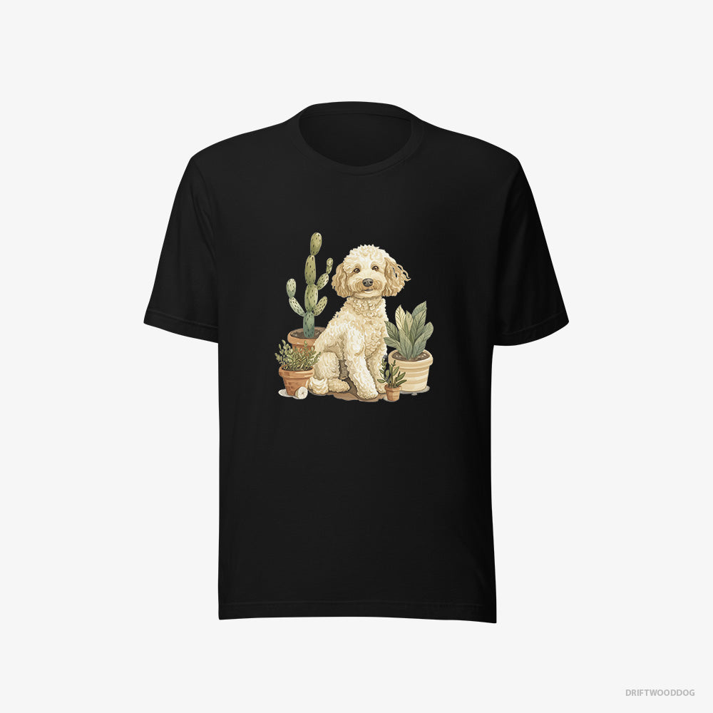 Poodle T-Shirt – Men Black T-Shirt Eco-Friendly – Relaxing Among Flowerpots (on White Background)