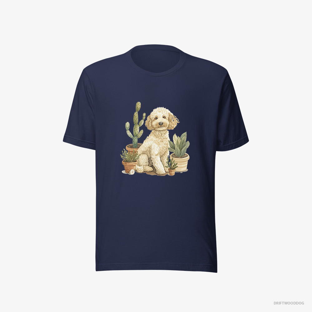 Poodle T-Shirt – Women Navy T-Shirt Eco-Friendly – Relaxing Among Flowerpots (on White Background)