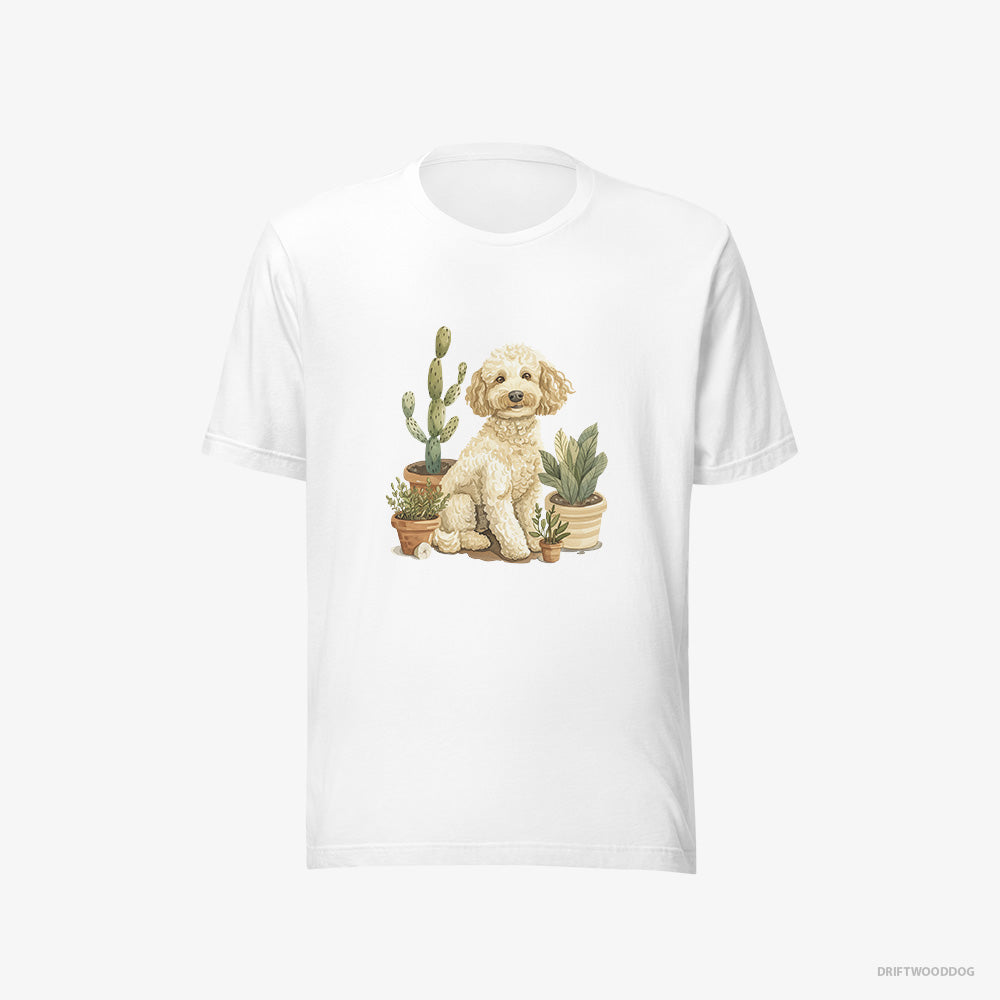 Poodle T-Shirt – Men White T-Shirt Eco-Friendly – Relaxing Among Flowerpots (on White Background)