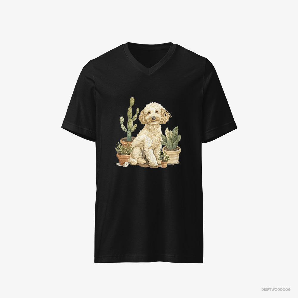 Poodle T-Shirt – Men Black T-Shirt V-Neck – Relaxing Among Flowerpots (on White Background)