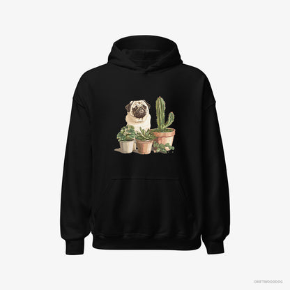 Pug Hoodie – Men Black Hoodie Classic – Admiring the Succulents (on White Background)