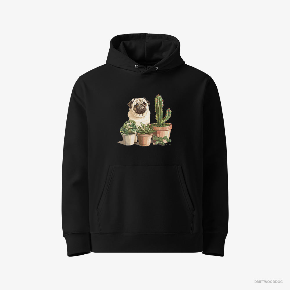 Pug Hoodie – Women Black Hoodie Eco-Friendly – Admiring the Succulents (on White Background)