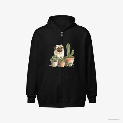 Pug Admiring the Succulents Black Hoodie