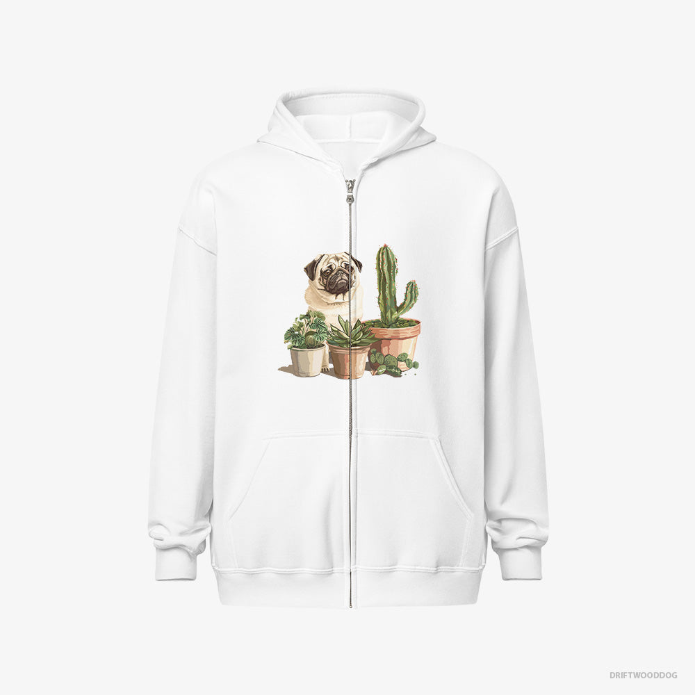 Pug Hoodie – Women White Hoodie Full-Zip – Admiring the Succulents (on White Background)