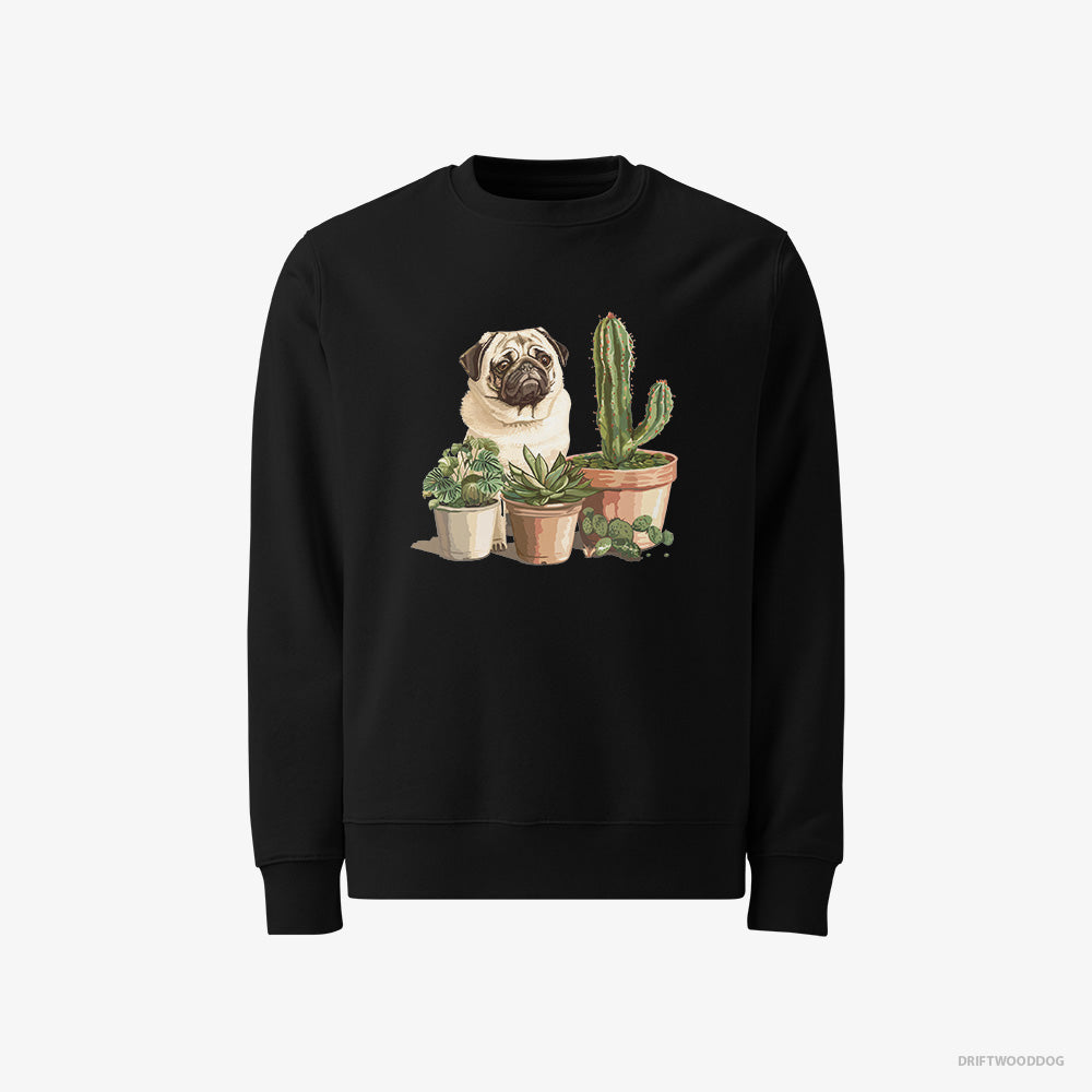 Pug Sweatshirt – Men Black Sweatshirt Classic – Admiring the Succulents (on White Background)