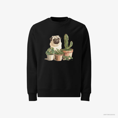 Pug Sweatshirt – Men Black Sweatshirt Classic – Admiring the Succulents (on White Background)