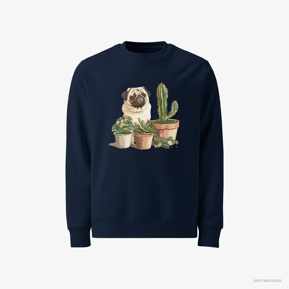 Pug Sweatshirt – Men Navy Sweatshirt Classic – Admiring the Succulents (on White Background)