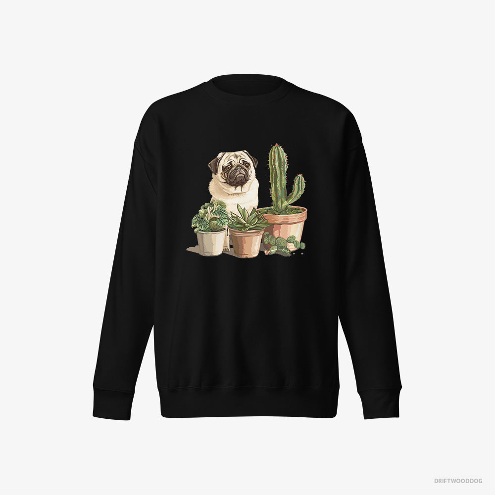 Pug Sweatshirt – Men Black Sweatshirt Eco-Friendly – Admiring the Succulents (on White Background)