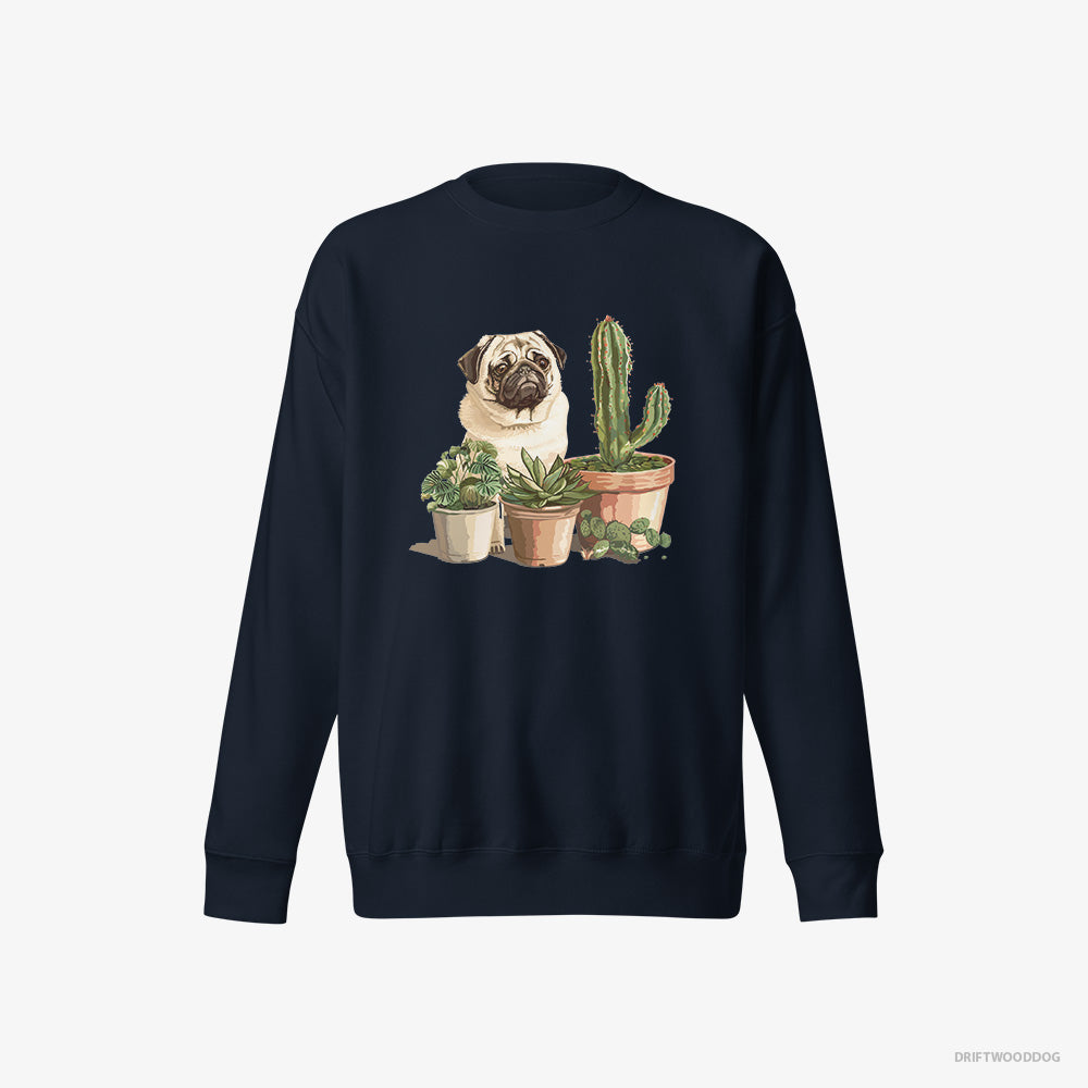 Pug Sweatshirt – Men Navy Sweatshirt Eco-Friendly – Admiring the Succulents (on White Background)