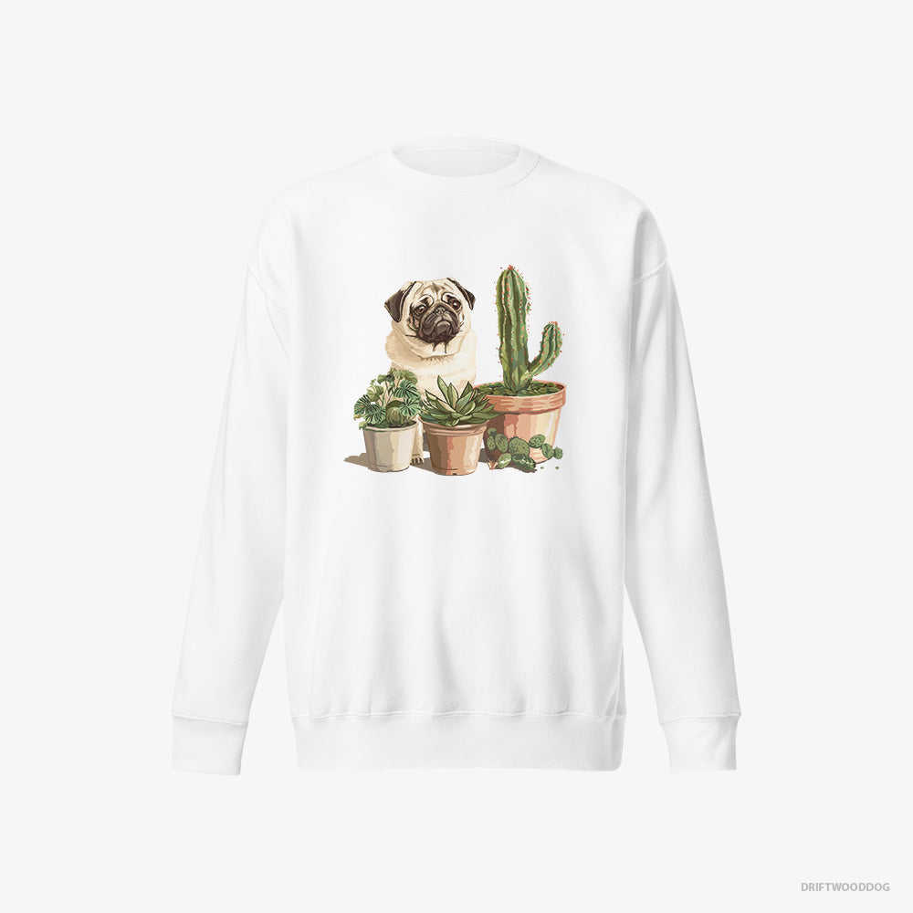 Pug Sweatshirt – Men White Sweatshirt Eco-Friendly – Admiring the Succulents (on White Background)