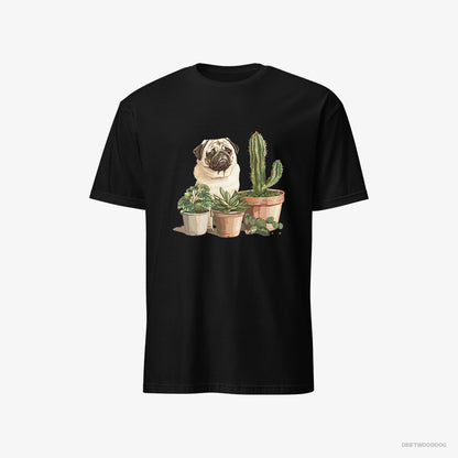 Pug Admiring the Succulents Black T-Shirt