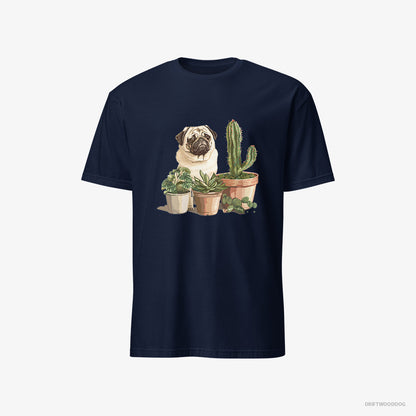 Pug T-Shirt – Men Navy T-Shirt Classic – Admiring the Succulents (on White Background)