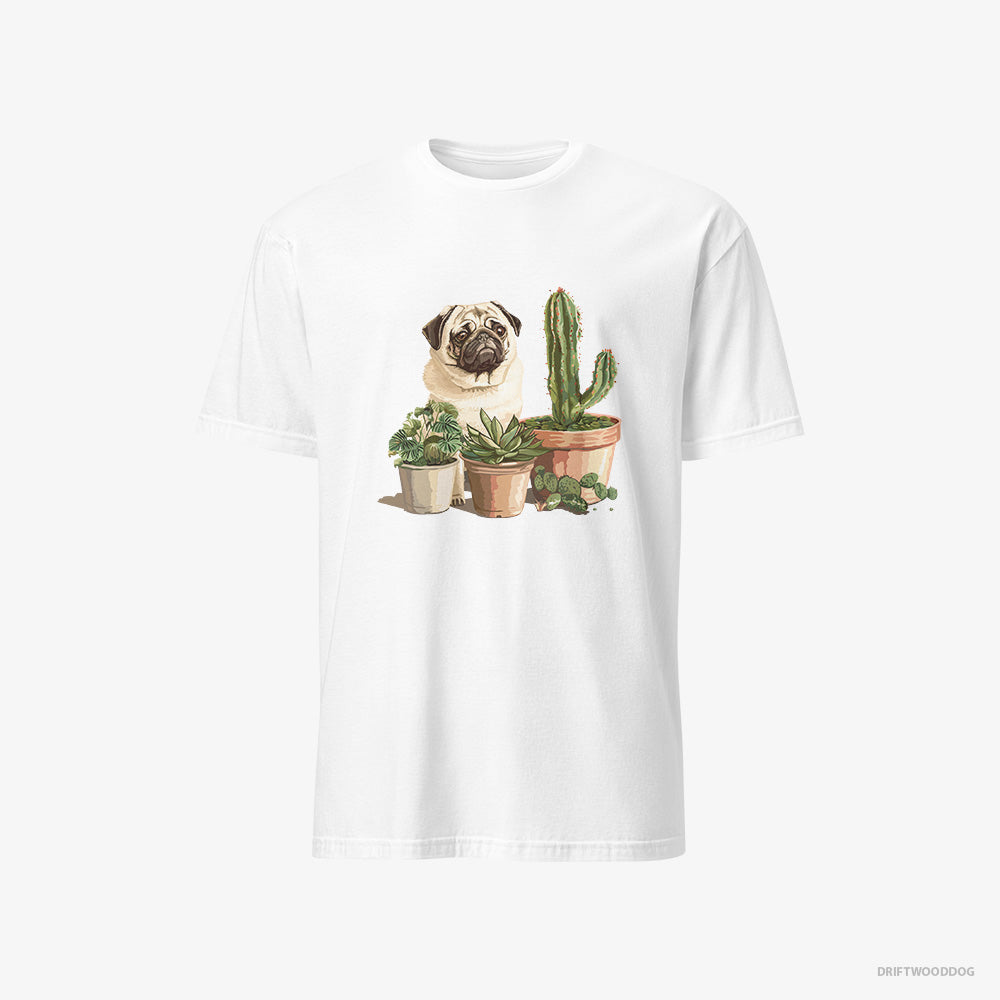 Pug T-Shirt – Men White T-Shirt Classic – Admiring the Succulents (on White Background)