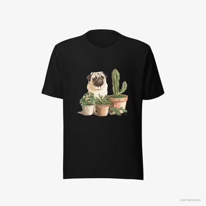 Pug Admiring the Succulents Black T-Shirt