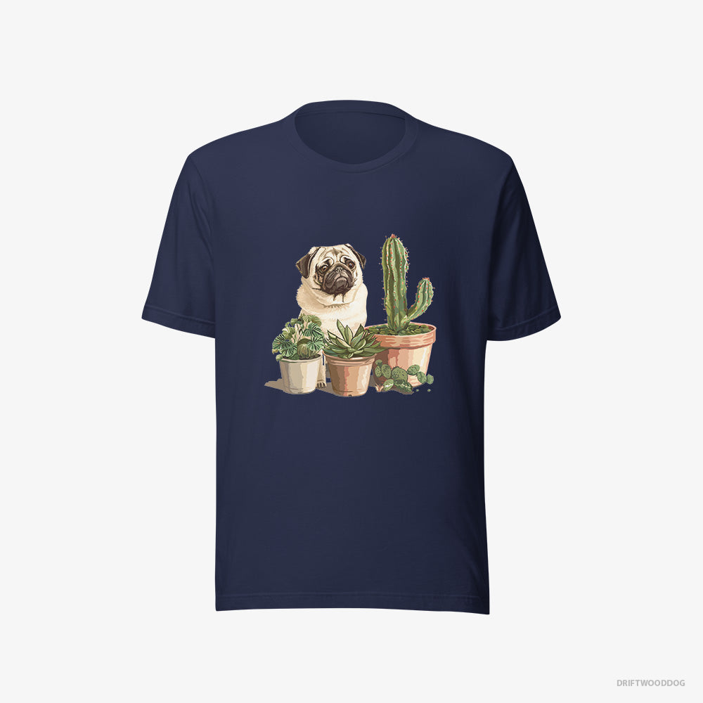 Pug T-Shirt – Women Navy T-Shirt Eco-Friendly – Admiring the Succulents (on White Background)