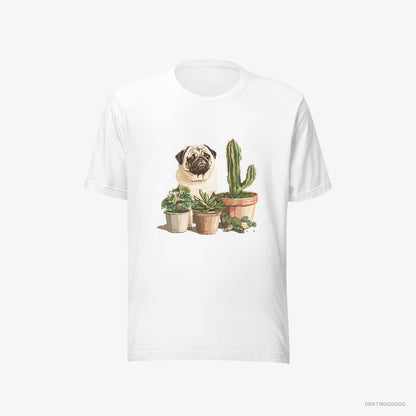 Pug T-Shirt – Men White T-Shirt Eco-Friendly – Admiring the Succulents (on White Background)