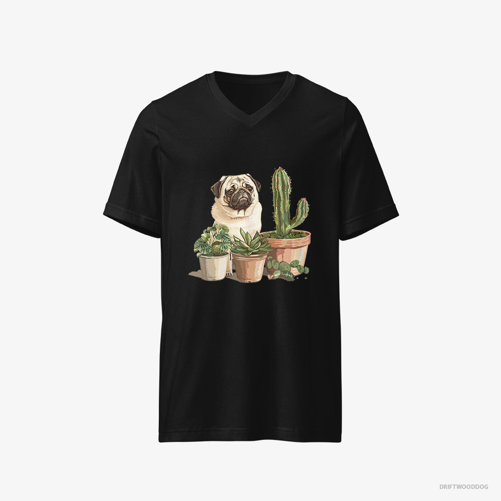 Pug T-Shirt – Men Black T-Shirt V-Neck – Admiring the Succulents (on White Background)