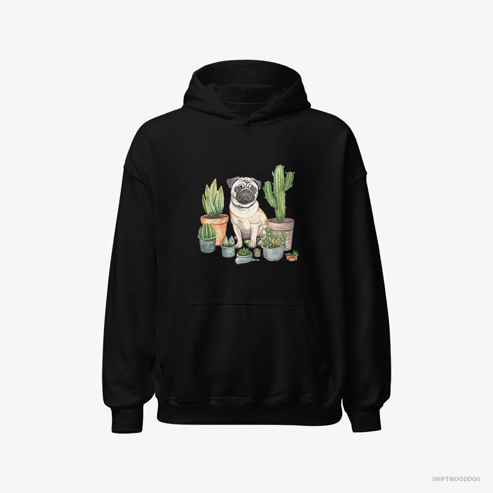 Pug Hoodie – Men Black Hoodie Classic – Arranging the Flowerpots (on White Background)