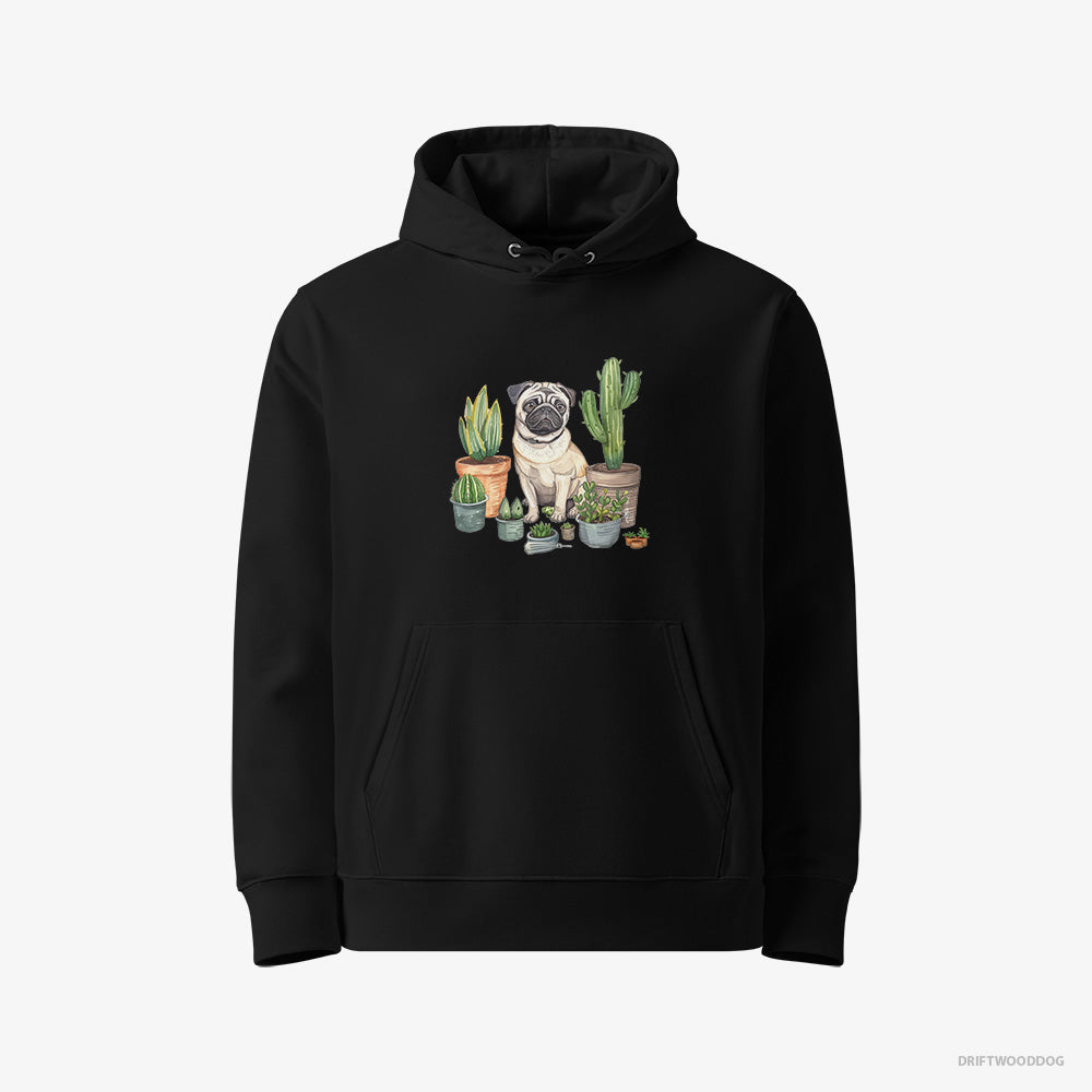 Pug Hoodie – Women Black Hoodie Eco-Friendly – Arranging the Flowerpots (on White Background)