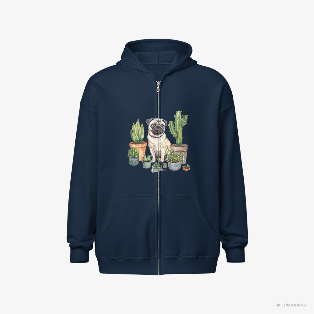 Pug Hoodie – Men Navy Hoodie Full-Zip – Arranging the Flowerpots (on White Background)