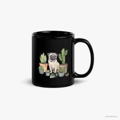 Pug Mug – Unisex Black Mug Classic – Arranging the Flowerpots (on White Background)