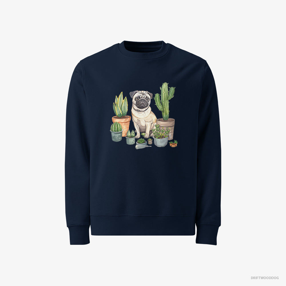 Pug Sweatshirt – Men Navy Sweatshirt Classic – Arranging the Flowerpots (on White Background)