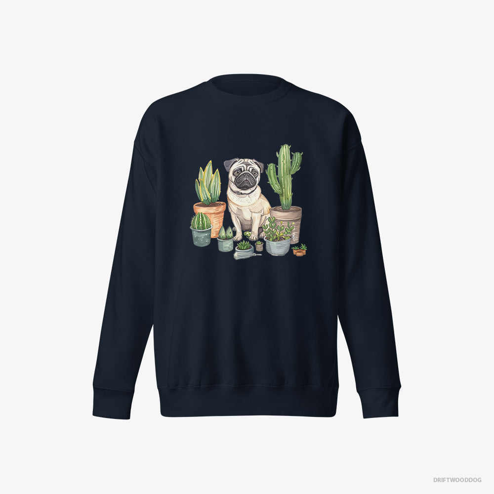 Pug Sweatshirt – Women Navy Sweatshirt Eco-Friendly – Arranging the Flowerpots (on White Background)