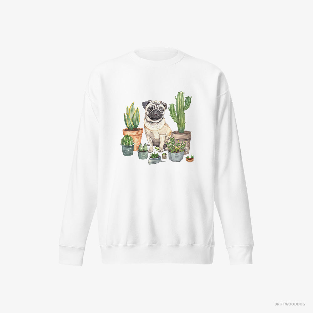 Pug Sweatshirt – Men White Sweatshirt Eco-Friendly – Arranging the Flowerpots (on White Background)