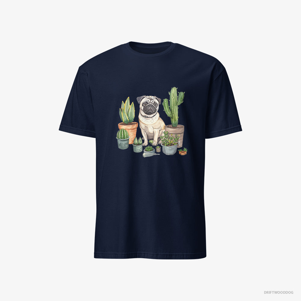 Pug T-Shirt – Men Navy T-Shirt Classic – Arranging the Flowerpots (on White Background)