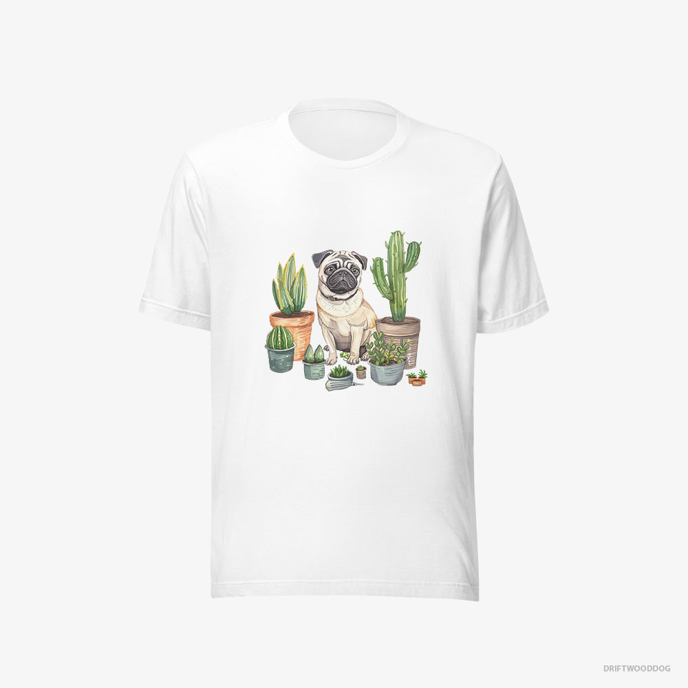 Pug T-Shirt – Men White T-Shirt Eco-Friendly – Arranging the Flowerpots (on White Background)