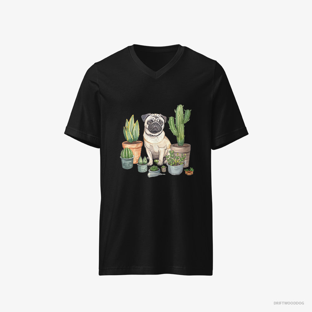 Pug T-Shirt – Men Black T-Shirt V-Neck – Arranging the Flowerpots (on White Background)