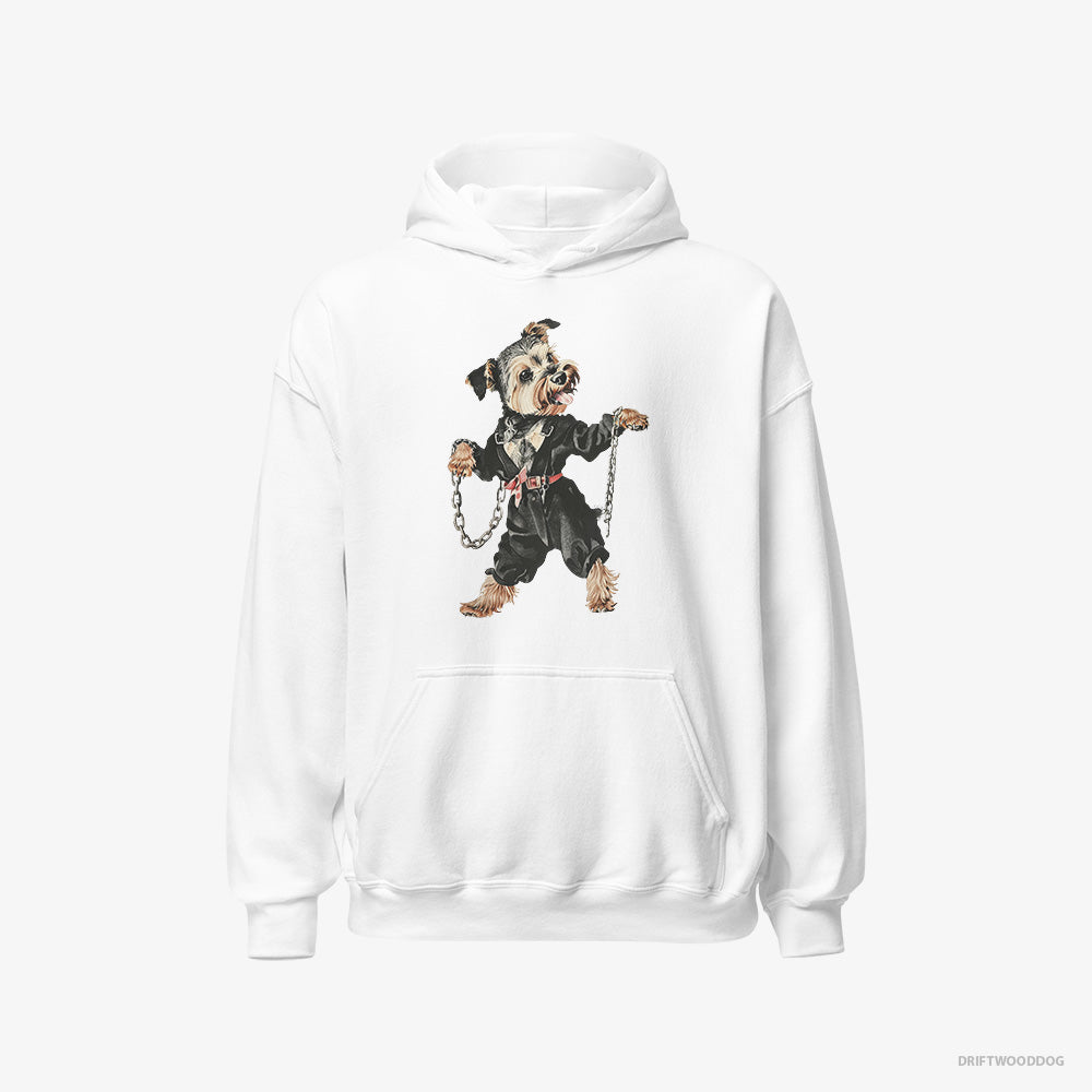 Yorkshire Terrier Hoodie – Men White Hoodie Classic – Vibes to Techno (on White Background)