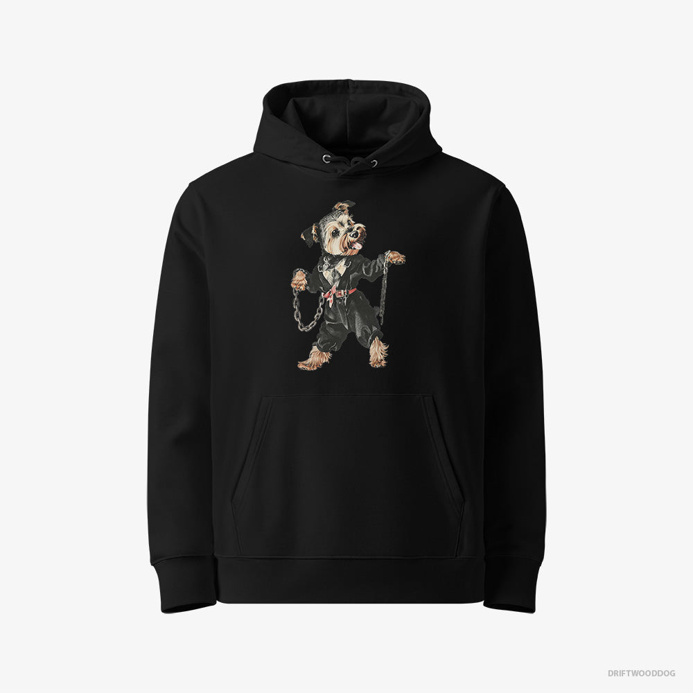 Yorkshire Terrier Hoodie – Women Black Hoodie Eco-Friendly – Vibes to Techno (on White Background)