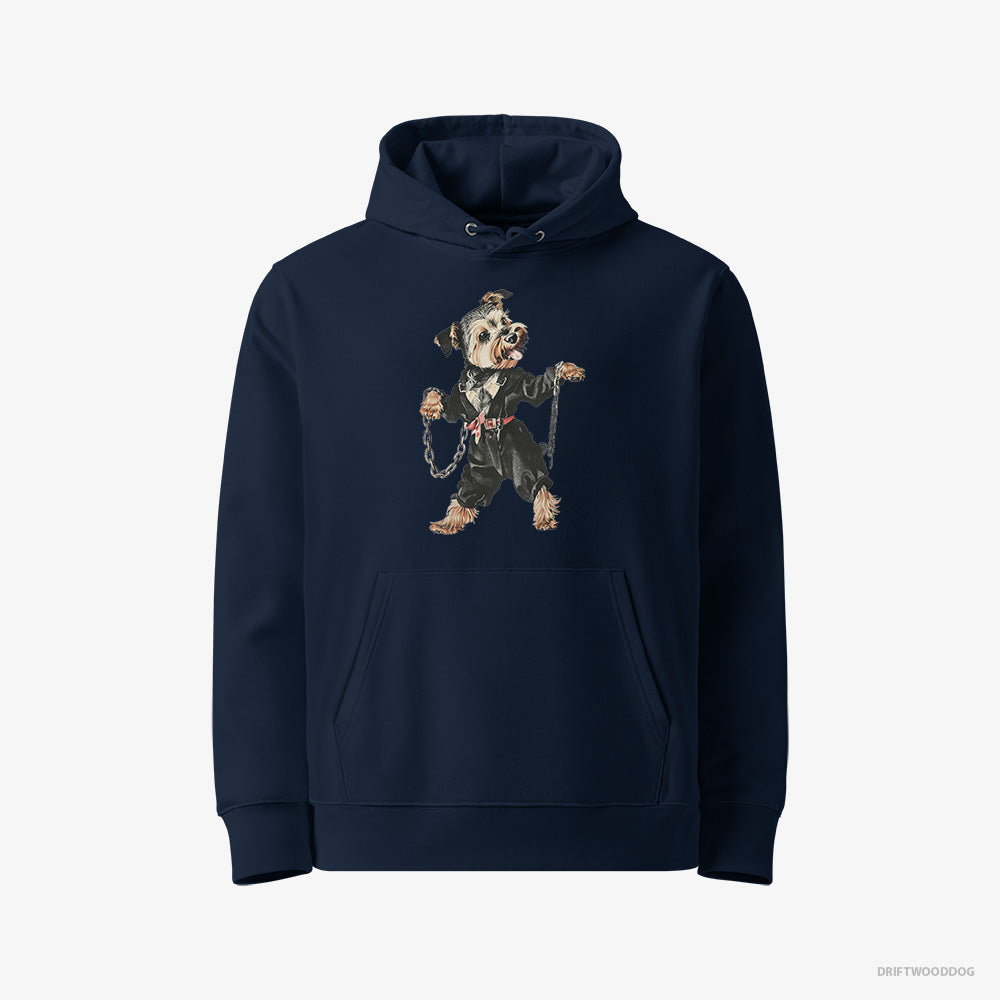 Yorkshire Terrier Hoodie – Women Navy Hoodie Eco-Friendly – Vibes to Techno (on White Background)