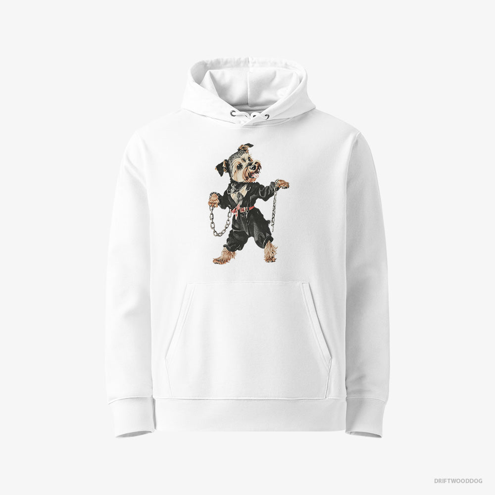 Yorkshire Terrier Hoodie – Men White Hoodie Eco-Friendly – Vibes to Techno (on White Background)