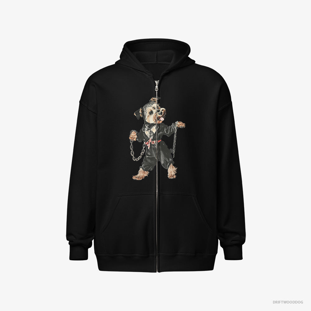 Yorkshire Terrier Hoodie – Women Black Hoodie Full-Zip – Vibes to Techno (on White Background)