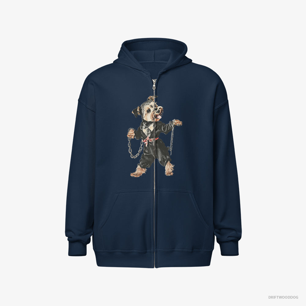 Yorkshire Terrier Hoodie – Women Navy Hoodie Full-Zip – Vibes to Techno (on White Background)