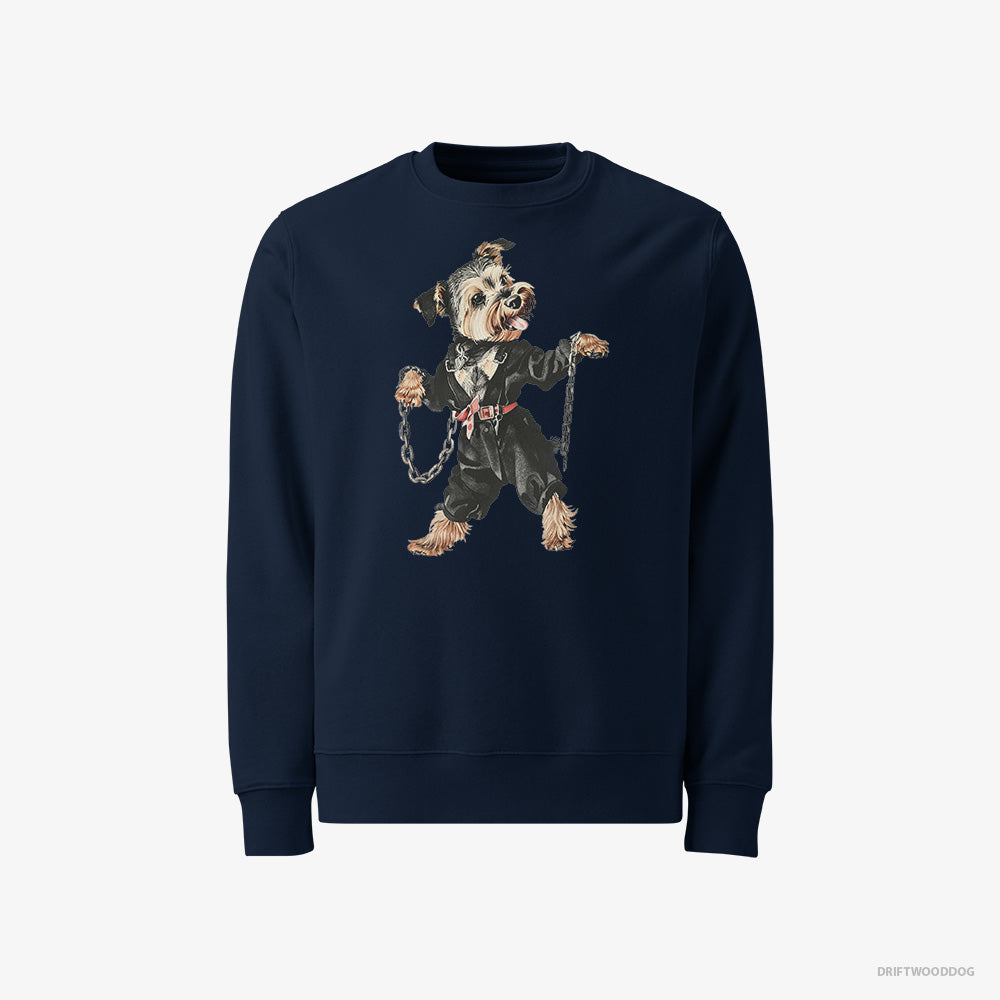 Yorkshire Terrier Sweatshirt – Men Navy Sweatshirt Classic – Vibes to Techno (on White Background)