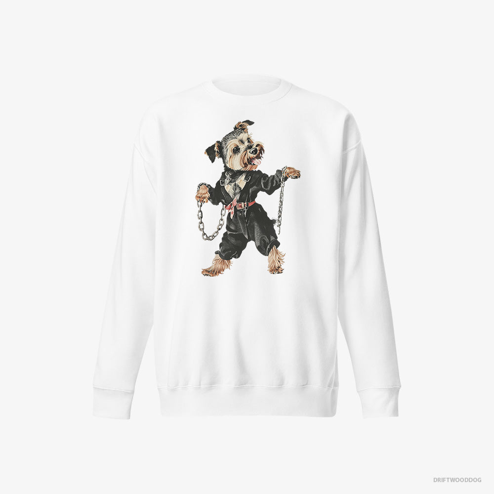 Yorkshire Terrier Sweatshirt – Men White Sweatshirt Eco-Friendly – Vibes to Techno (on White Background)