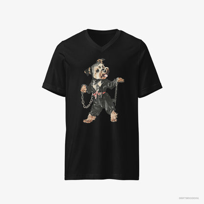 Yorkshire Terrier T-Shirt – Men Black T-Shirt V-Neck – Vibes to Techno (on White Background)