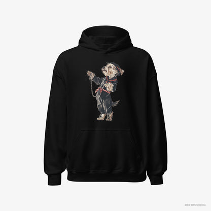 Yorkshire Terrier Hoodie – Men Black Hoodie Classic – in a Techno Trance (on White Background)