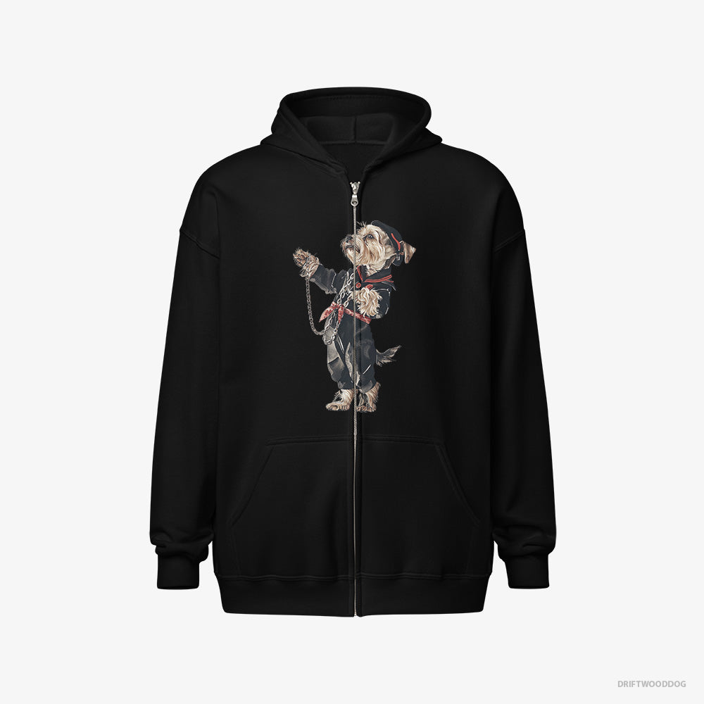 Yorkshire Terrier Hoodie – Women Black Hoodie Full-Zip – in a Techno Trance (on White Background)